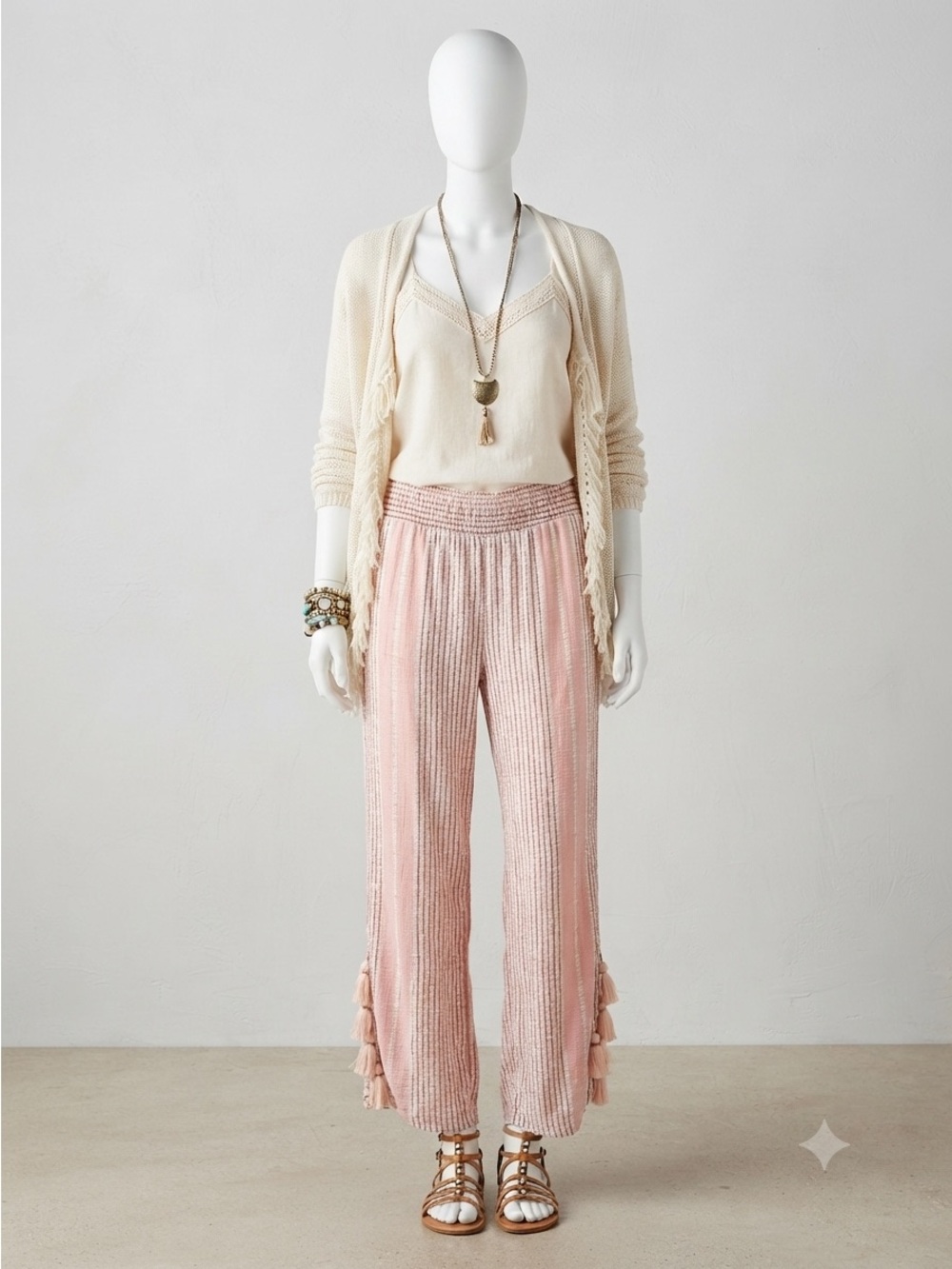 Talamanca Soft Surroundings Pink & Cream Striped Tassel Lounge Pants